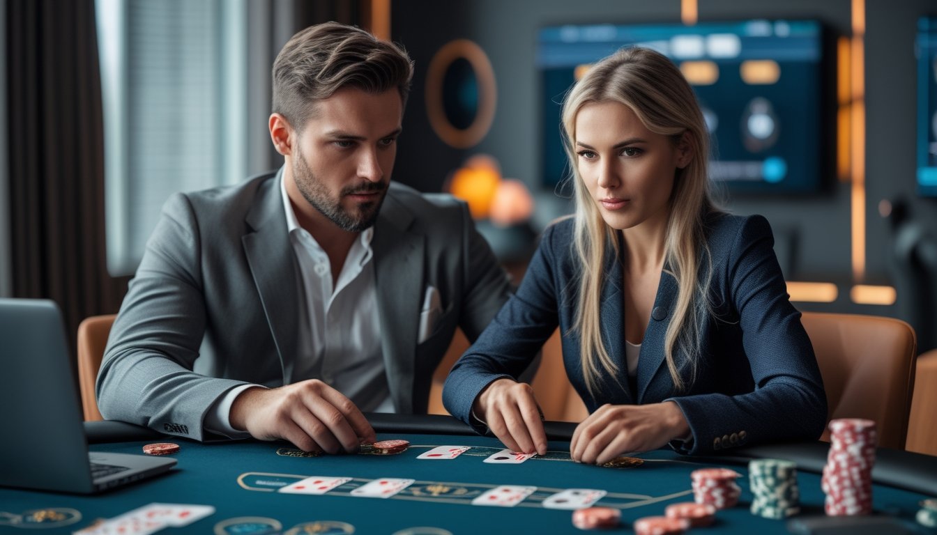 Dua orang dewasa bermain poker di meja dengan chip dan kartu, fokus pada permainan dalam suasana ruangan yang modern.