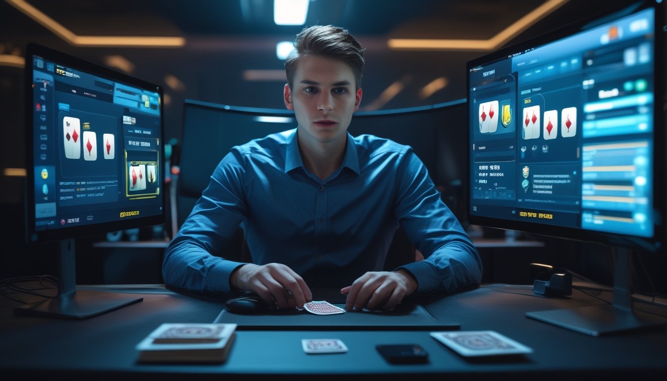 Seorang pemain muda duduk di depan komputer dengan layar menampilkan permainan poker online, terlihat fokus dan serius dalam suasana ruangan yang redup.