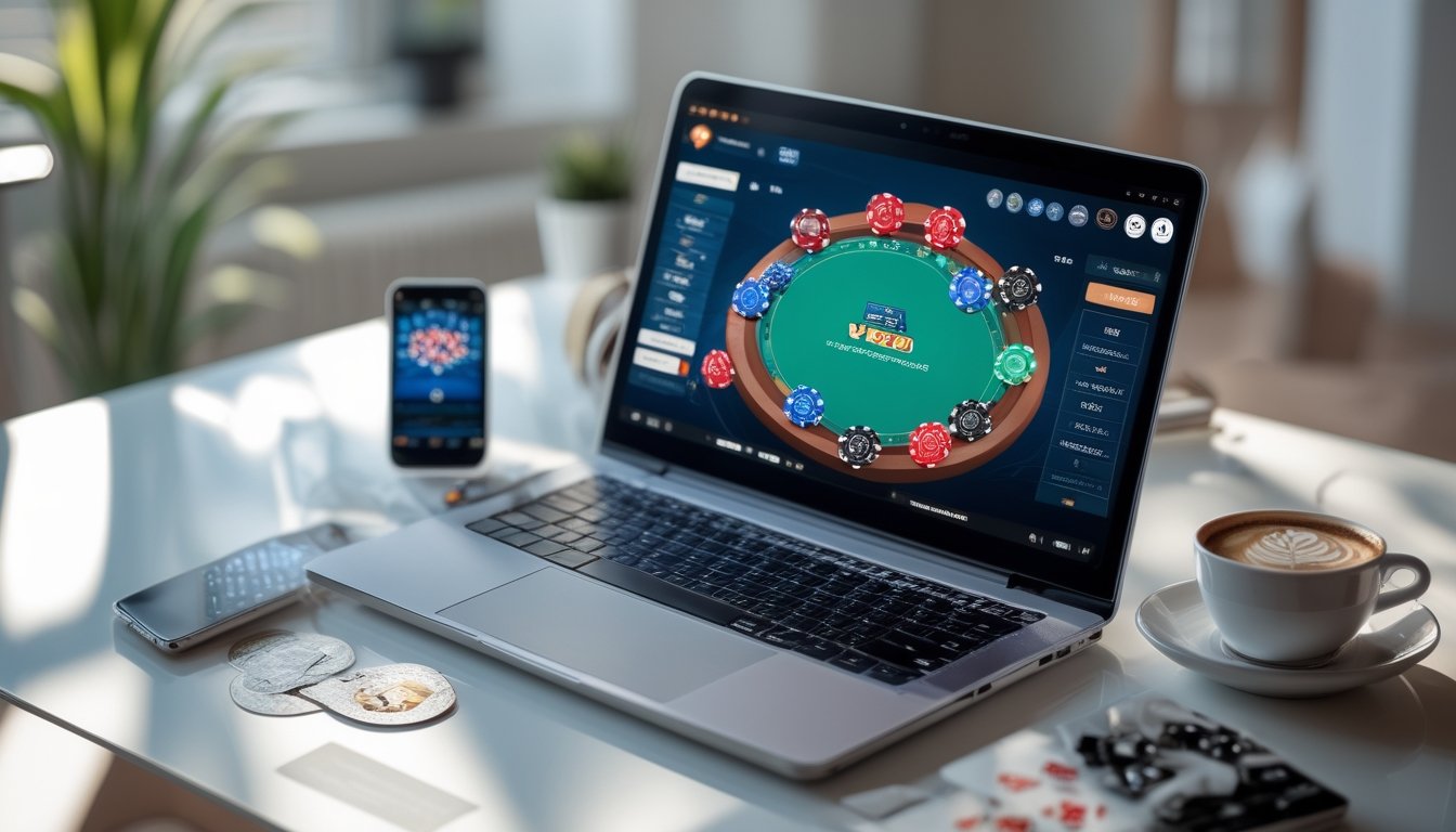 Sebuah meja kerja dengan laptop menampilkan permainan poker online, dilengkapi dengan chip poker virtual dan kartu, serta ponsel di sampingnya.