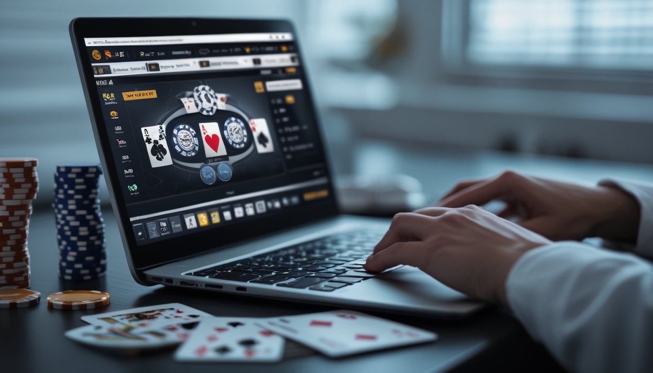 Seseorang bermain poker online di depan laptop dengan chip poker dan kartu di meja.