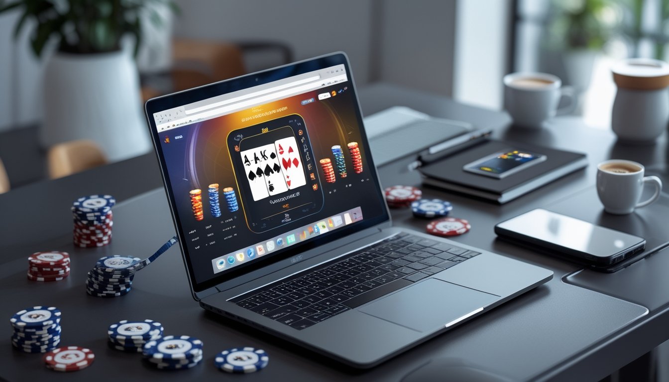 Sebuah meja kerja dengan komputer menampilkan permainan poker online, dikelilingi oleh chip poker dan kartu remi.