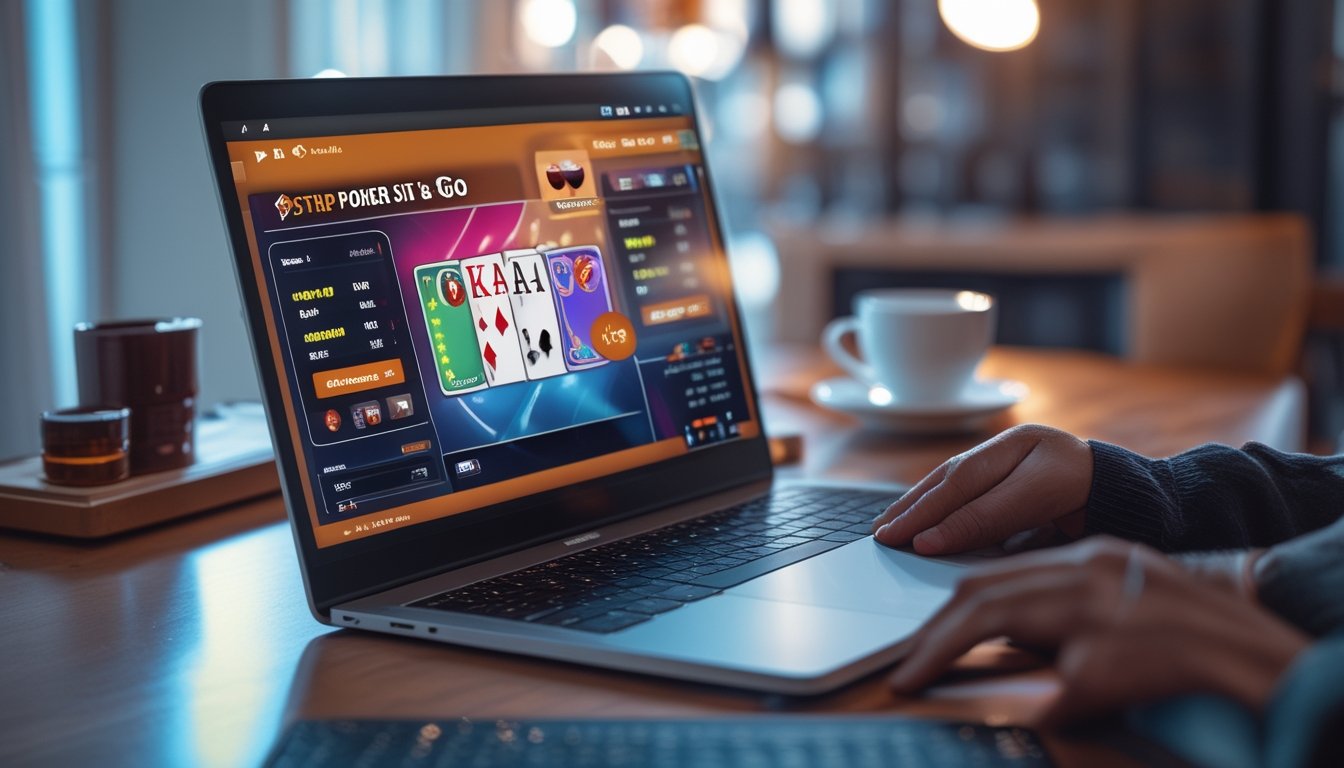 Seseorang bermain poker online di depan komputer dengan kartu dan chip poker di layar.