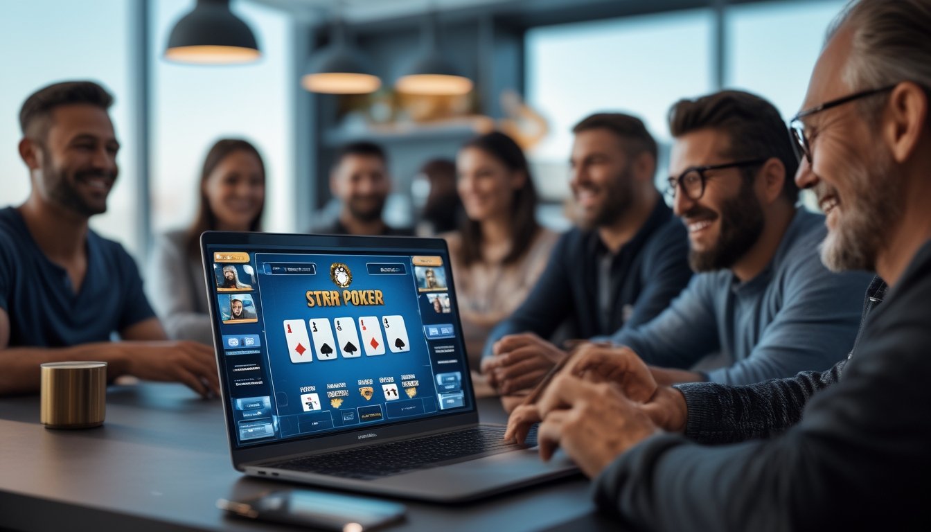 Orang-orang bermain poker online menggunakan laptop dengan suasana santai di ruang kerja atau rumah.