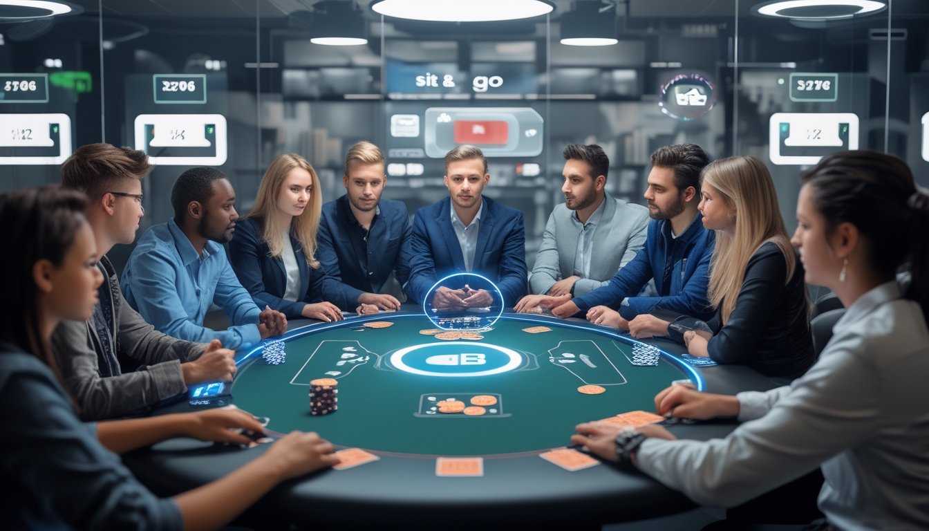 Sekelompok pemain poker online berkumpul di sekitar meja poker digital dengan tampilan modern dan teknologi futuristik di latar belakang.