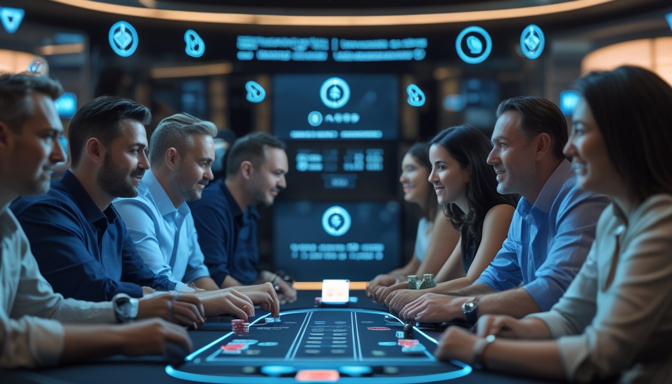 Sekelompok pemain poker online beragam usia dan jenis kelamin duduk mengelilingi meja poker digital dengan ekspresi fokus dan serius, di latar belakang terdapat layar dan simbol keamanan yang menunjukkan sistem permainan yang adil.