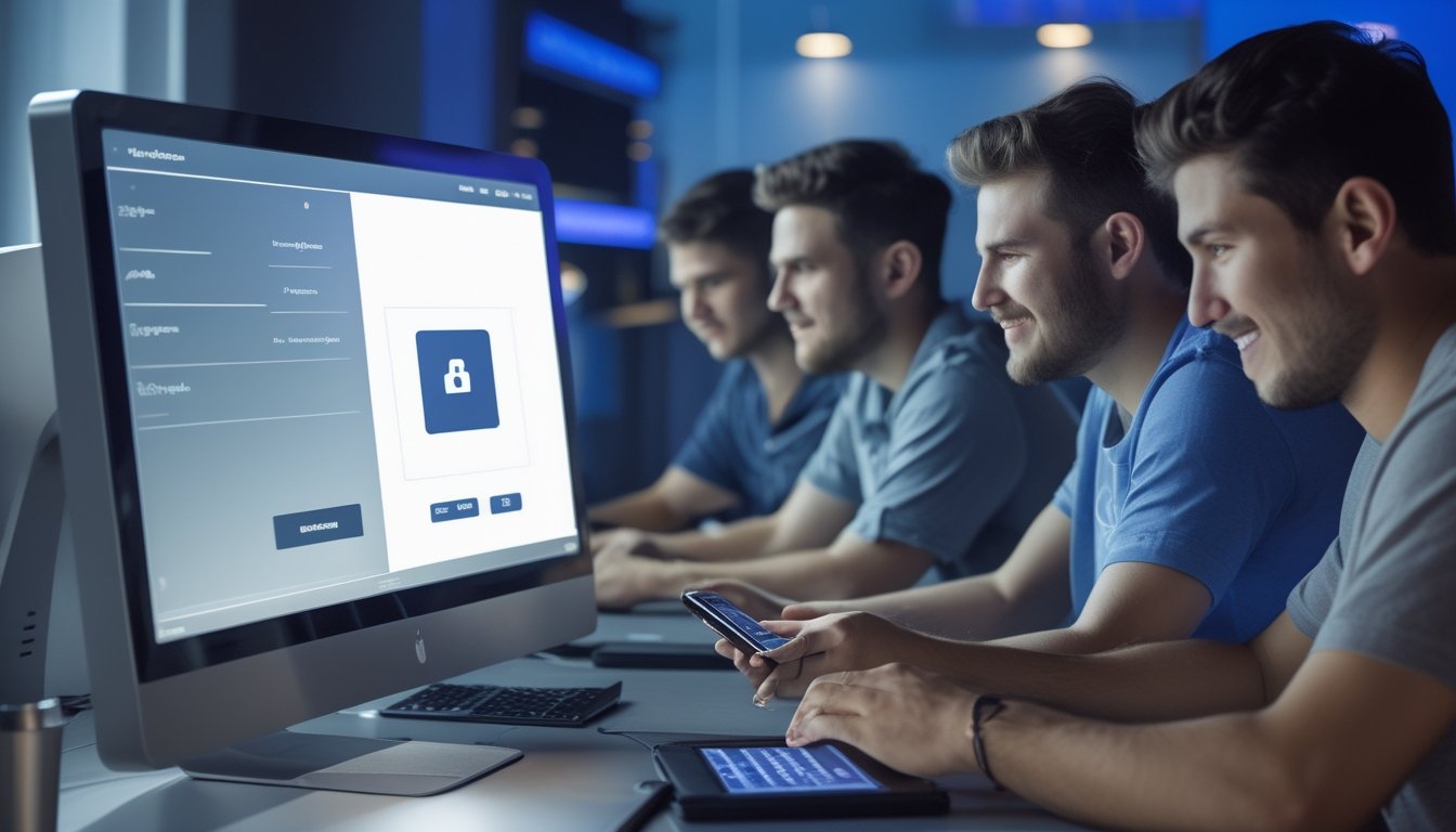 Sekelompok orang muda bermain poker online di ruang kerja modern dengan suasana nyaman dan aman.