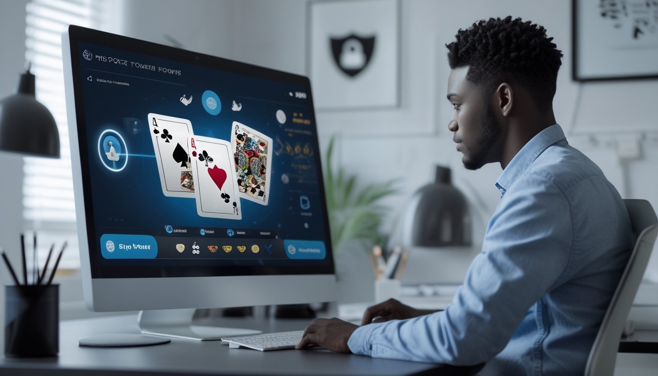 Seseorang sedang menggunakan komputer di ruang kerja modern dengan tampilan permainan poker online dan simbol keamanan di latar belakang.