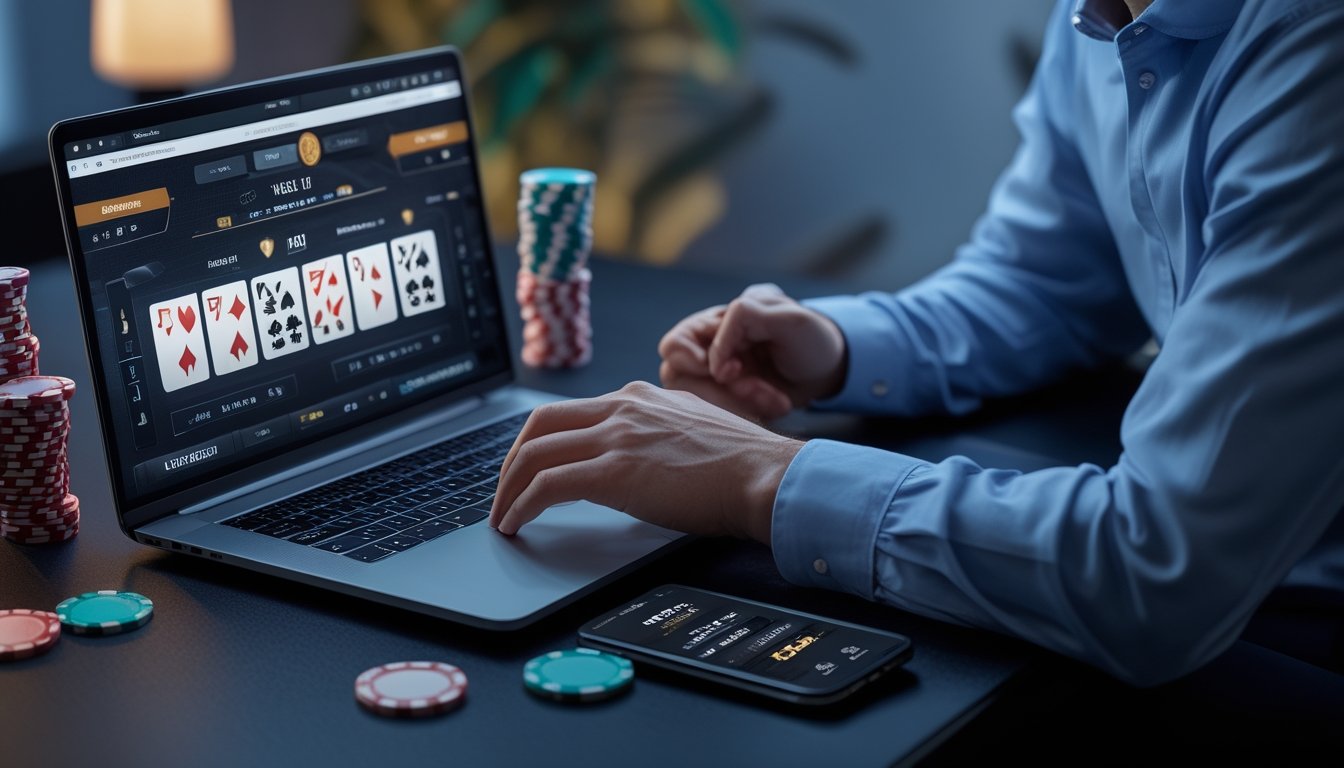 Seorang profesional sedang menggunakan laptop dan ponsel untuk bermain poker online di ruang kerja modern dengan tumpukan chip poker di meja.