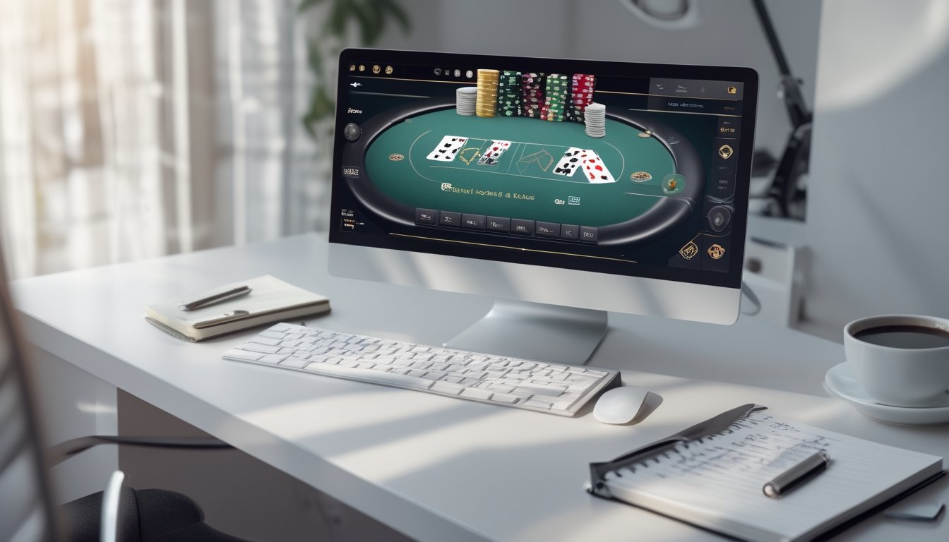 Meja kerja dengan layar komputer menampilkan permainan poker online, kartu dan chip poker virtual, serta perlengkapan catatan dan kopi di sekitarnya.
