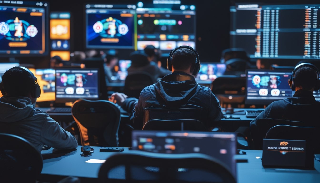Beberapa orang fokus bermain poker online di ruangan modern dengan komputer dan layar yang menampilkan permainan poker.