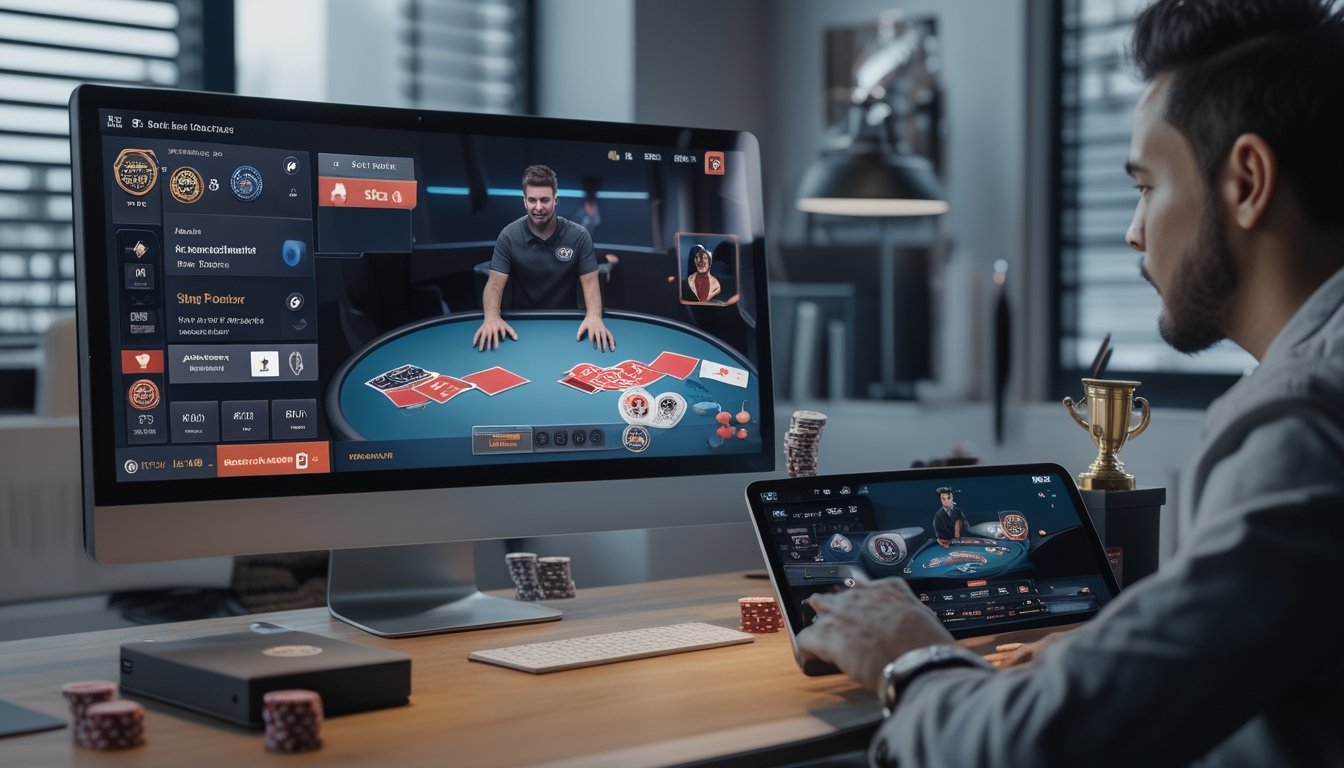 Seorang pemain poker online sedang bermain di depan komputer dengan tampilan meja poker virtual dan chip di ruangan yang nyaman.