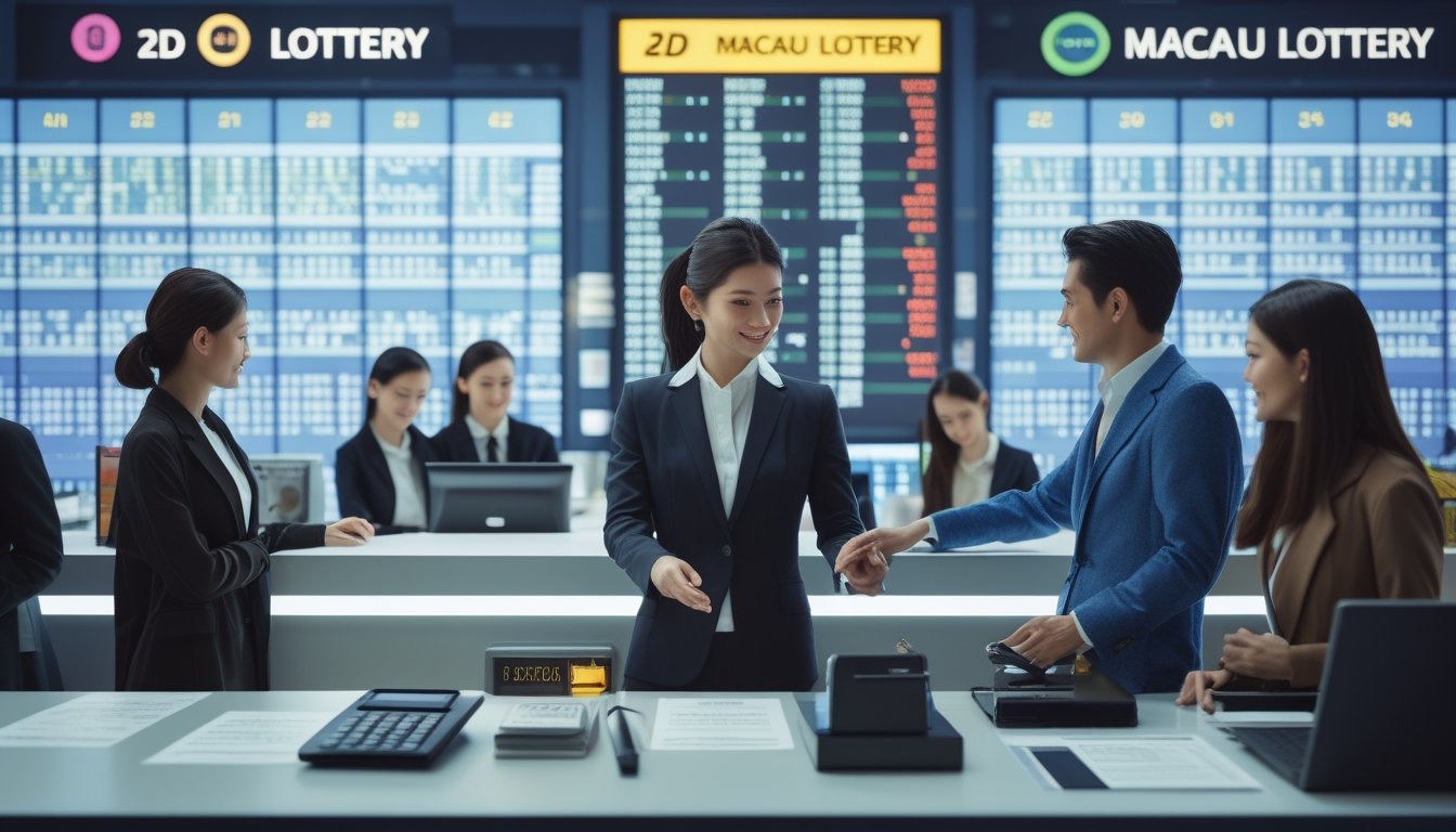 Seorang petugas layanan pelanggan membantu pelanggan di kantor agen togel yang modern dengan layar digital menampilkan angka togel dan jackpot.
