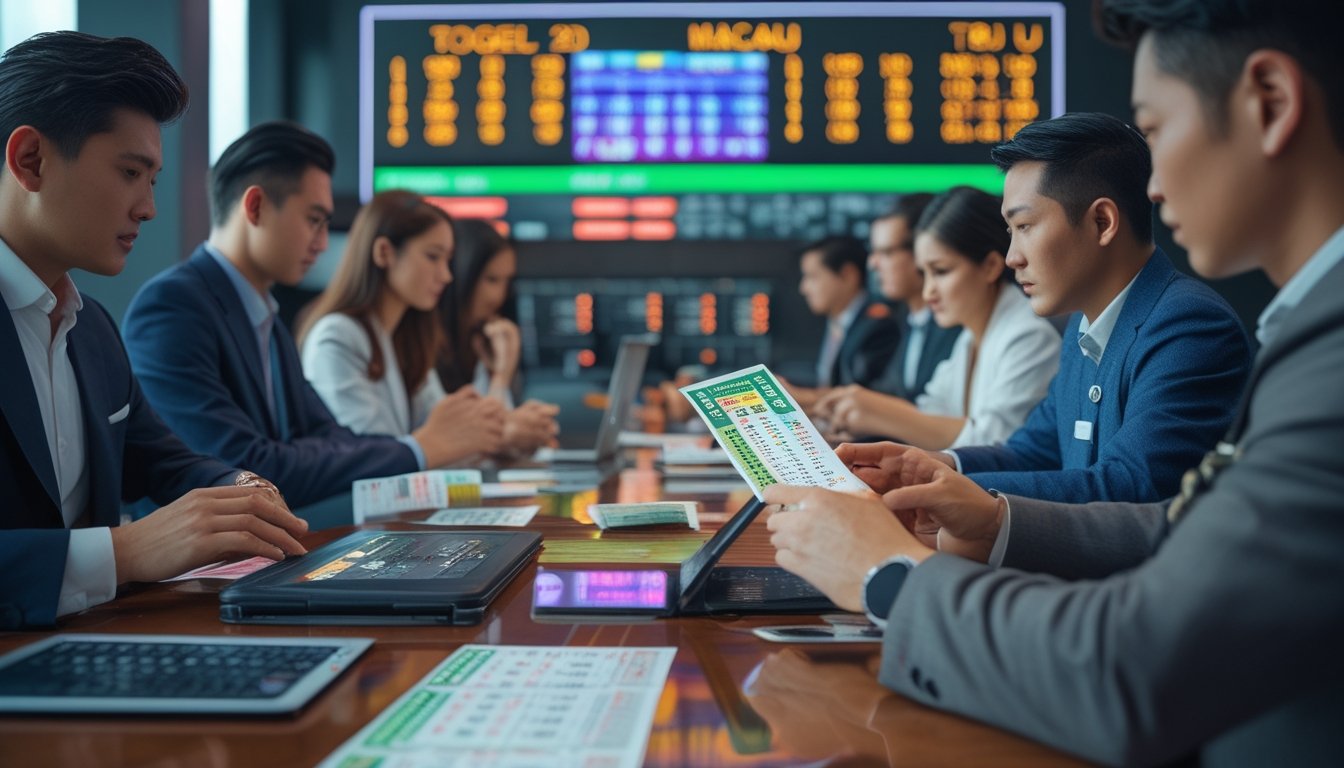Beberapa orang sedang menganalisis tiket dan grafik togel dalam ruangan modern dengan layar digital dan peralatan teknologi.