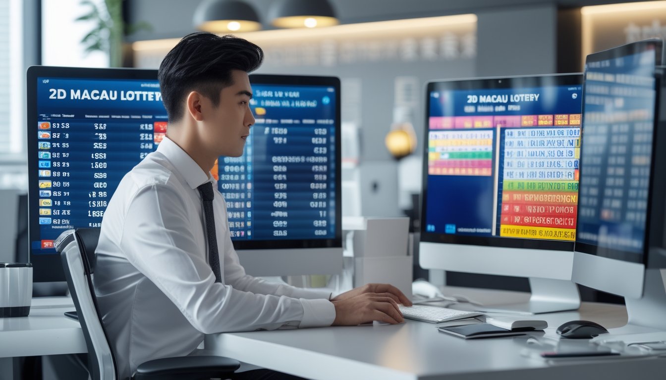 Seorang pria Asia duduk di depan komputer dengan tampilan angka lotere di layar di sebuah kantor modern.