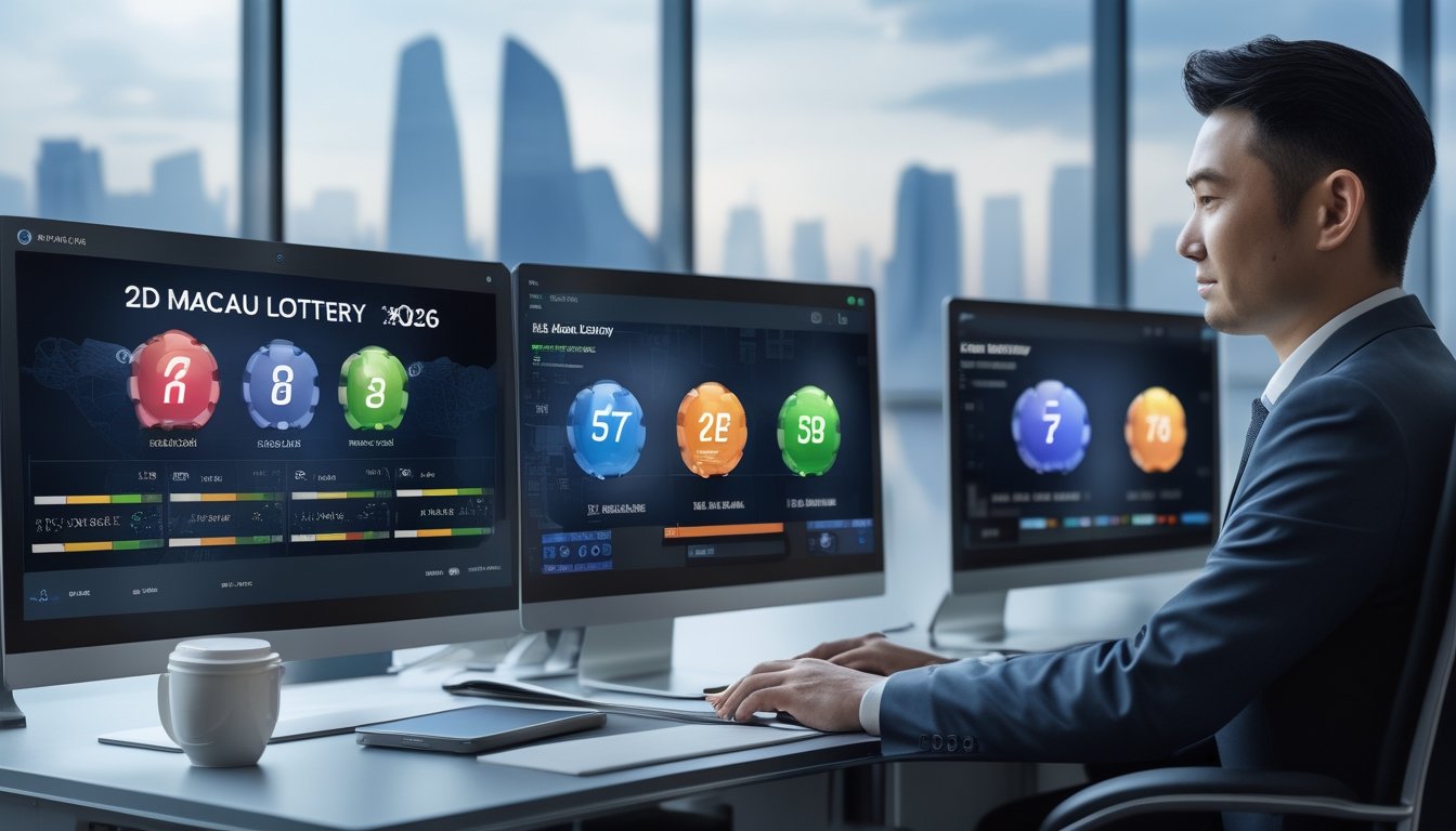 Seorang profesional di kantor modern dengan layar komputer yang menampilkan angka lotere, suasana yang menunjukkan agen togel terpercaya di Macau.
