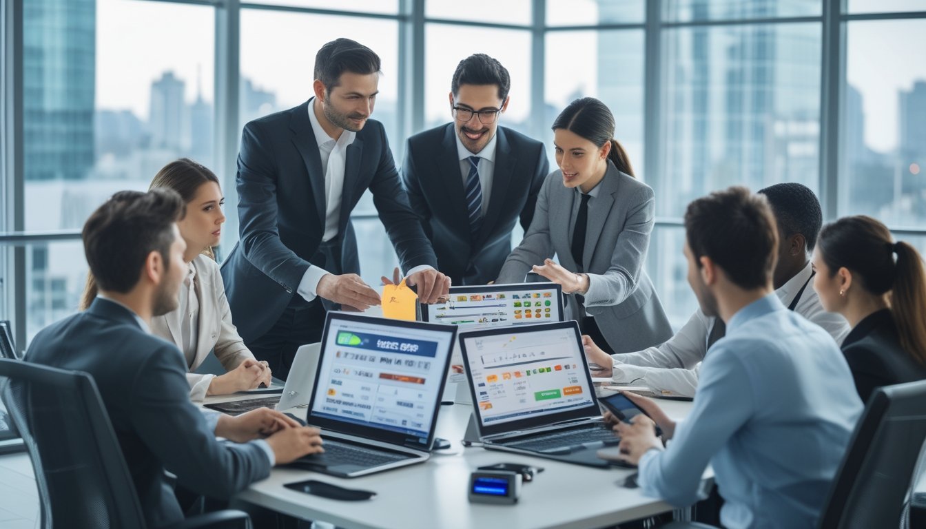 Sekelompok profesional bekerja bersama di kantor modern dengan perangkat digital, menunjukkan suasana layanan cepat dan terpercaya untuk agen togel online.