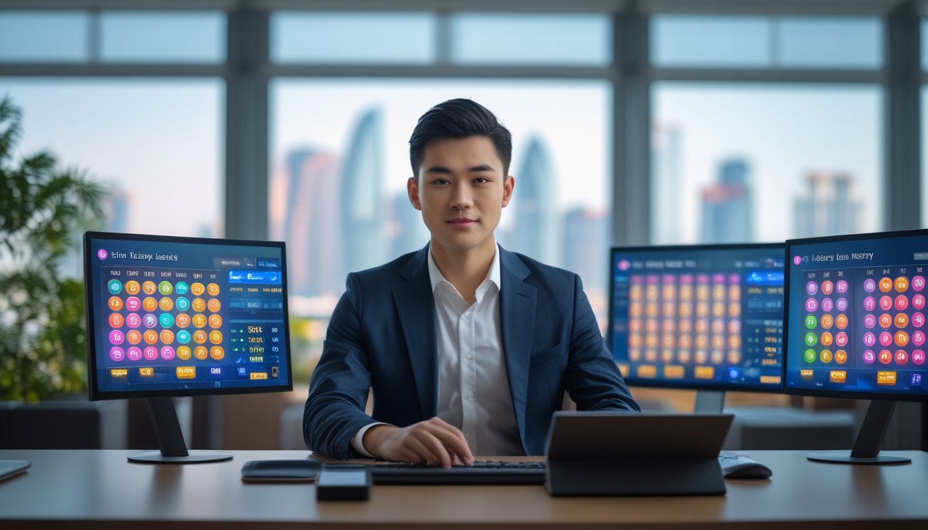 Seorang pria muda duduk di meja kantor dengan beberapa monitor komputer menampilkan angka lotre digital, latar belakang menunjukkan pemandangan kota Macau melalui jendela besar.
