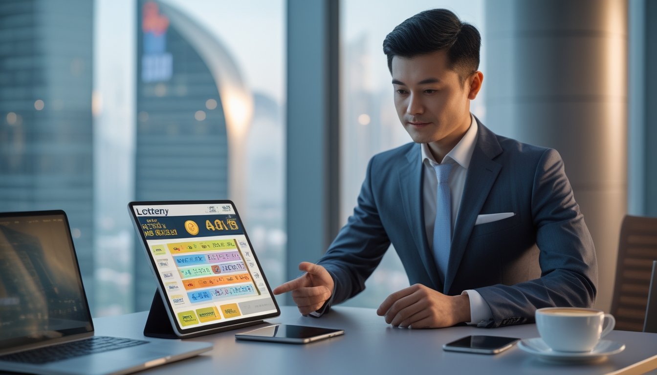 Seorang pria Asia Tenggara yang percaya diri menggunakan tablet di kantor modern dengan latar belakang samar pemandangan kota Macau.