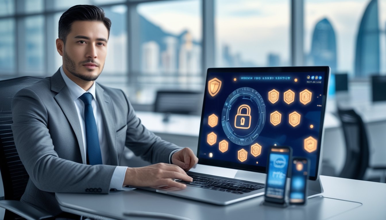 Seorang profesional bekerja di meja dengan perangkat digital yang menampilkan simbol keamanan data, dengan latar belakang kota Macau yang samar.