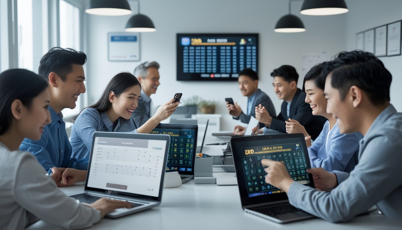 Sekelompok orang menggunakan laptop dan ponsel di kantor modern dengan layar menampilkan angka lotre, menunjukkan aktivitas bermain togel.