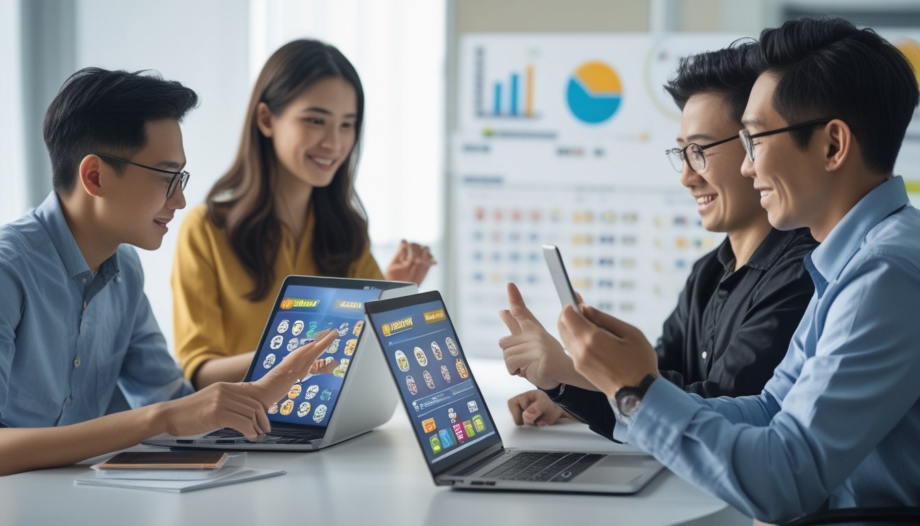 Sekelompok orang menggunakan perangkat digital di ruang kantor yang cerah, menunjukkan aktivitas bermain togel secara online.