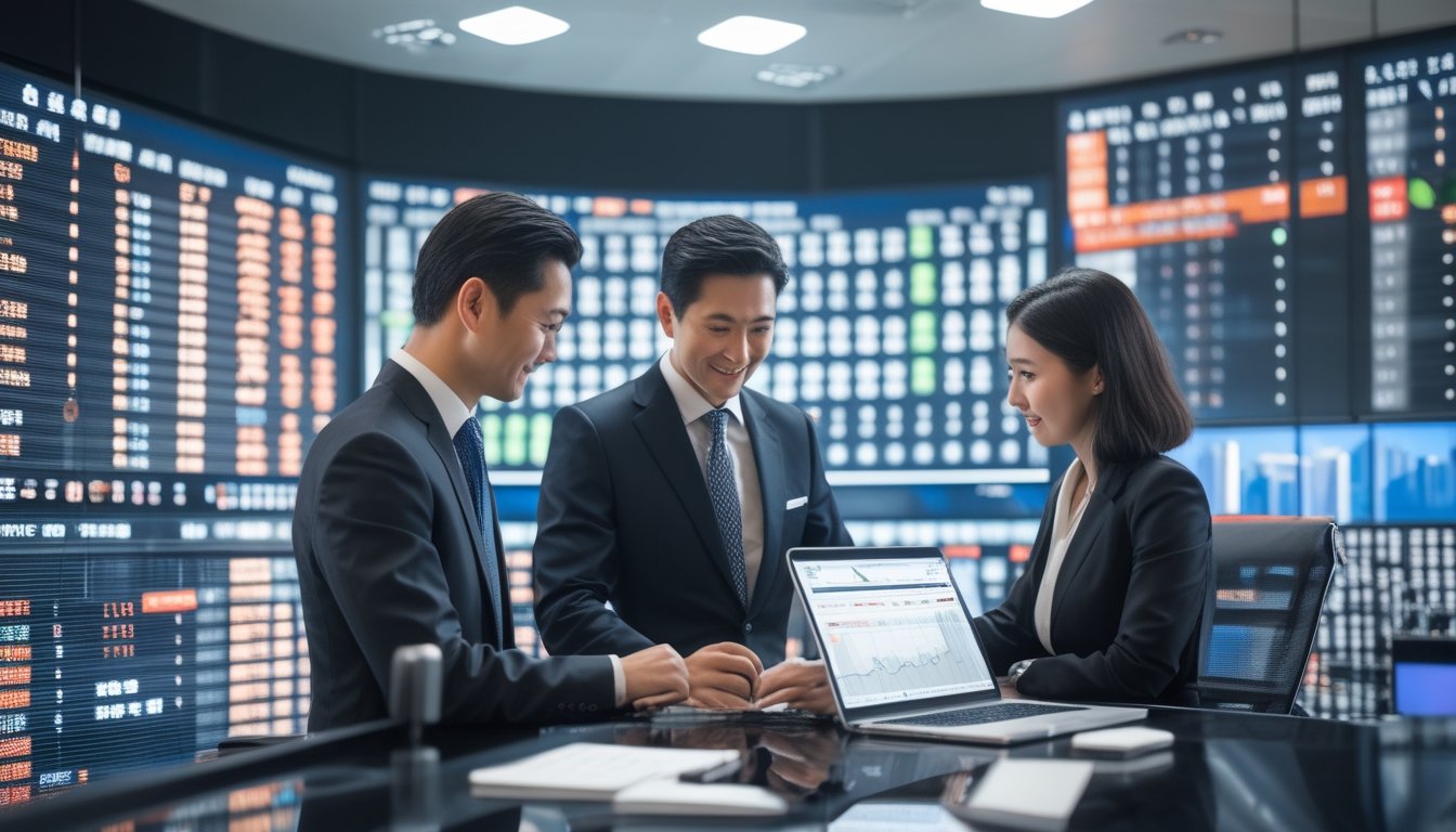 Dua orang profesional sedang bekerja bersama di kantor modern dengan layar digital menampilkan data dan angka terkait togel Macau.
