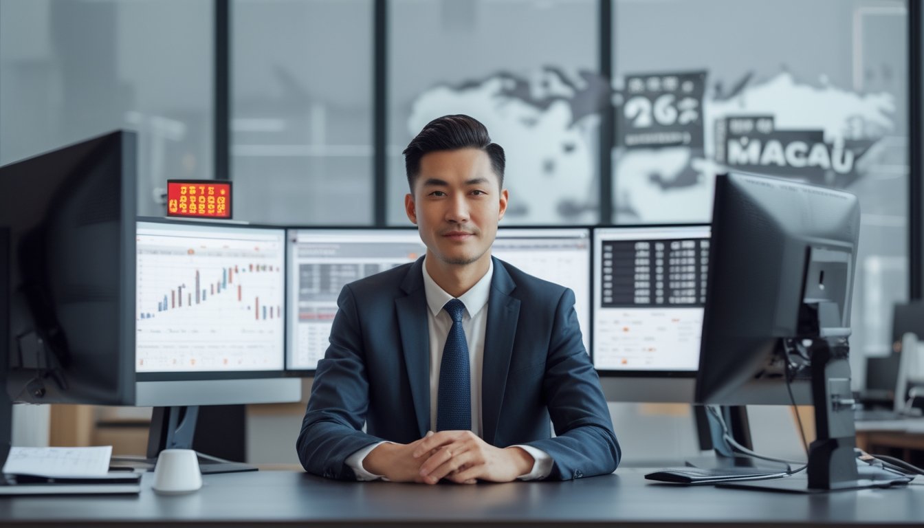 Seorang pria Asia duduk di meja kantor modern dengan beberapa layar komputer yang menampilkan hasil dan peluang togel.