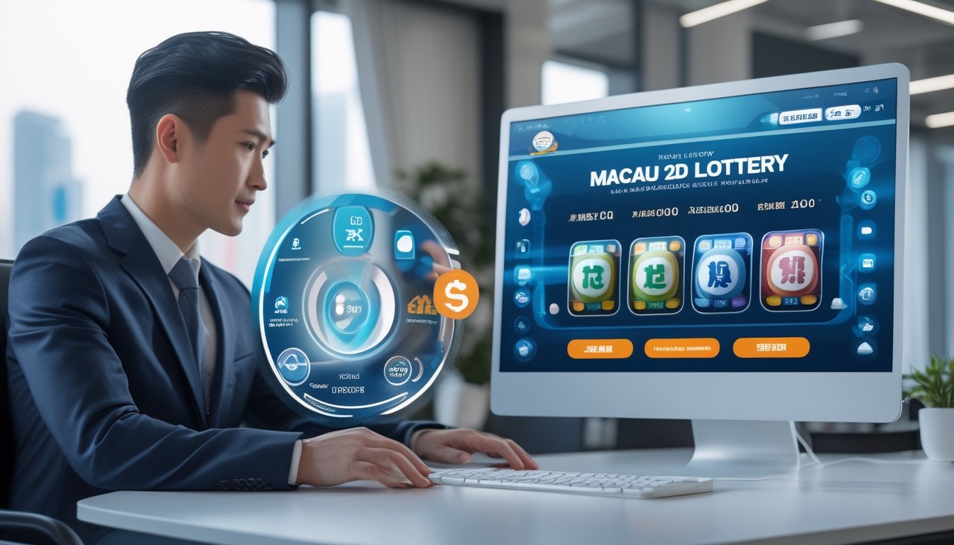 Seorang pria Asia menggunakan laptop di kantor modern dengan tampilan platform togel Macau 2D di layar komputer.
