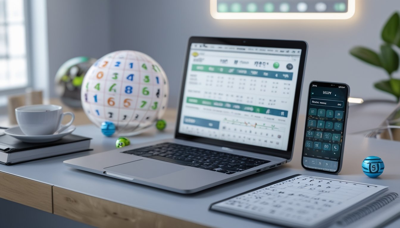 Meja kerja dengan laptop, ponsel, dan catatan yang menampilkan permainan togel dan angka lotre.