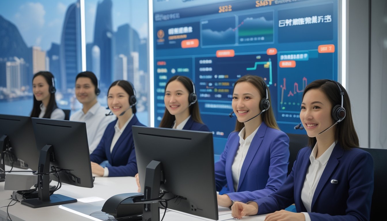 Tim layanan pelanggan yang ramah bekerja di kantor modern dengan komputer dan headset, menunjukkan layanan online 24 jam untuk agen togel di Macau.
