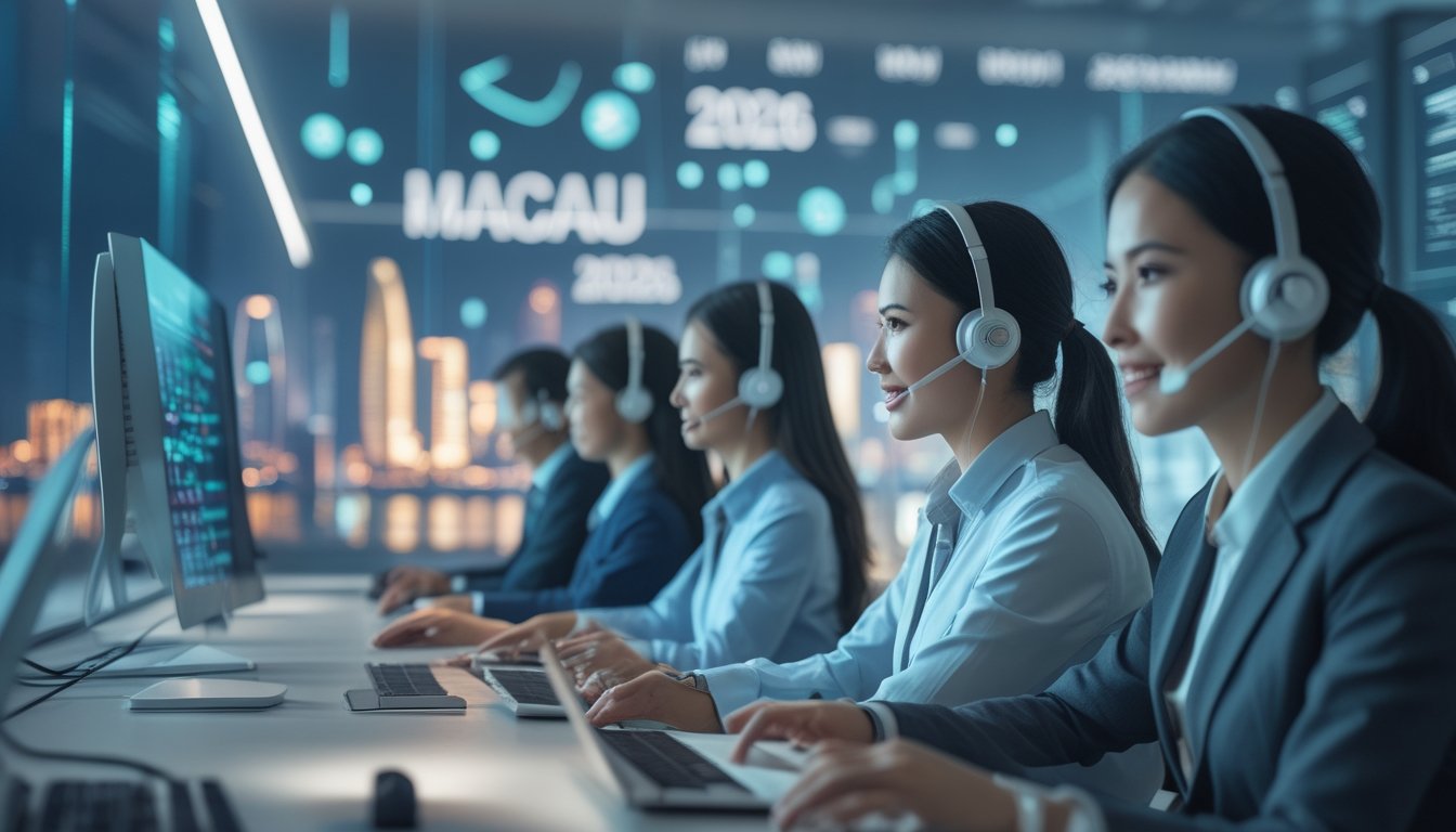 Tim layanan pelanggan yang ramah dan profesional sedang bekerja di kantor modern dengan latar belakang pemandangan kota Macau.