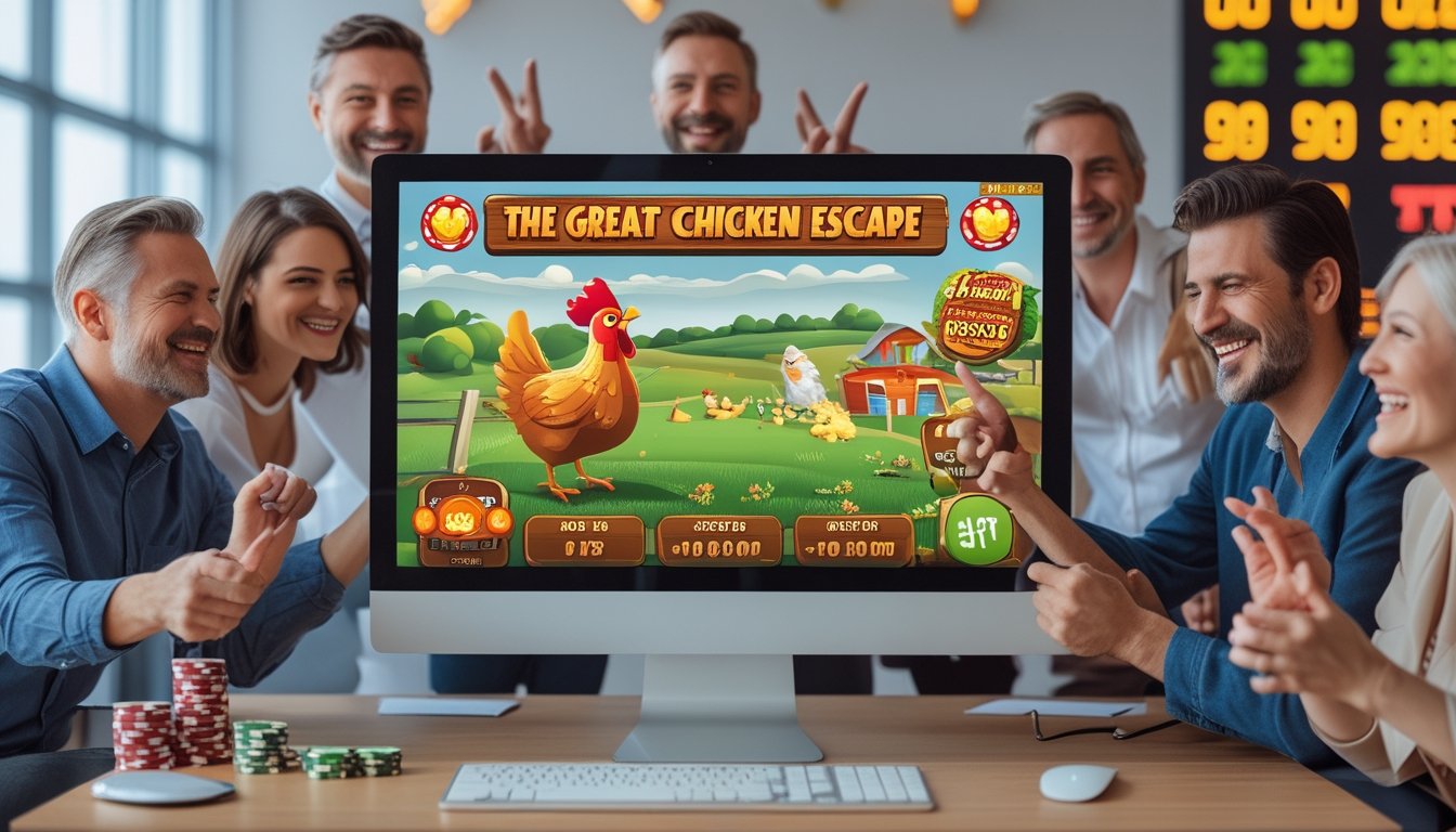 Sekelompok orang dewasa yang bahagia sedang bermain game slot online di layar komputer besar dengan tema ayam dan jackpot besar di kantor modern.
