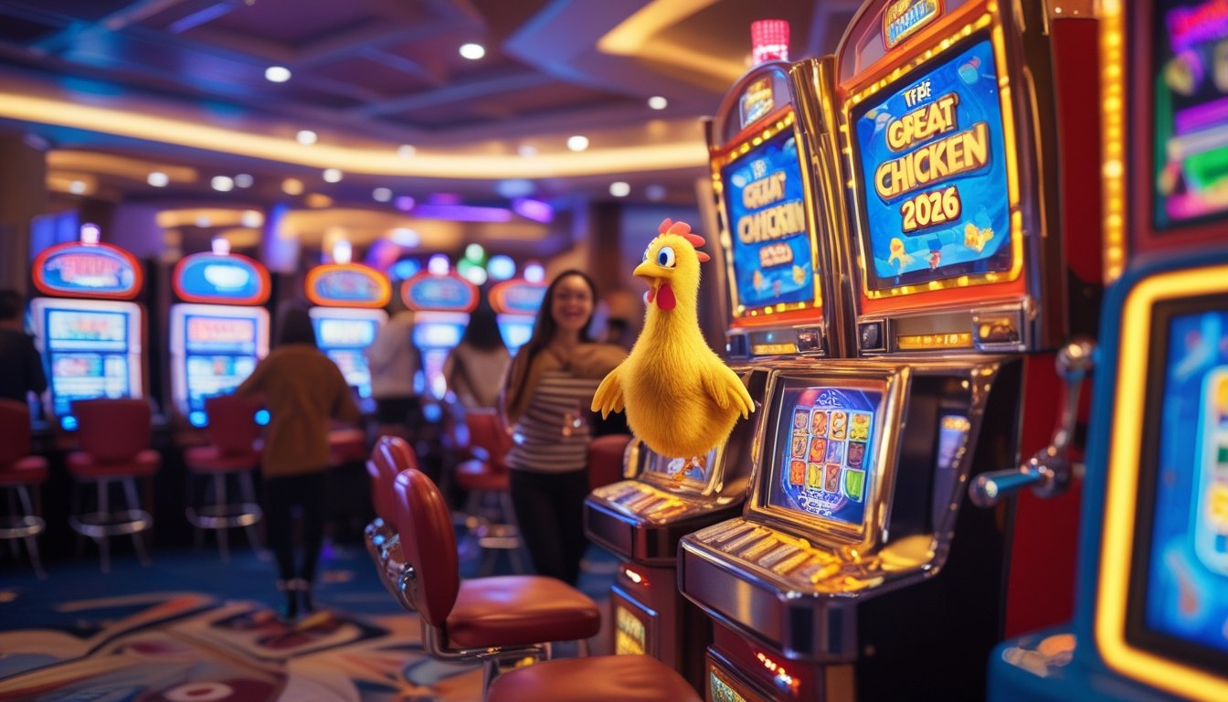 Suasana kasino dengan mesin slot retro berwarna-warni dan karakter ayam yang sedang melarikan diri dari mesin slot, dikelilingi oleh pemain yang menikmati permainan.