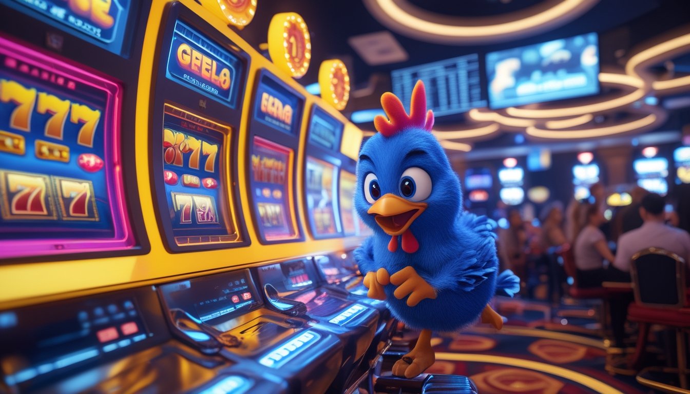 Sebuah kasino dengan mesin slot retro berwarna-warni dan seekor ayam animasi yang sedang melarikan diri dari area mesin slot, dengan lampu dan pemain yang terlihat bersemangat.