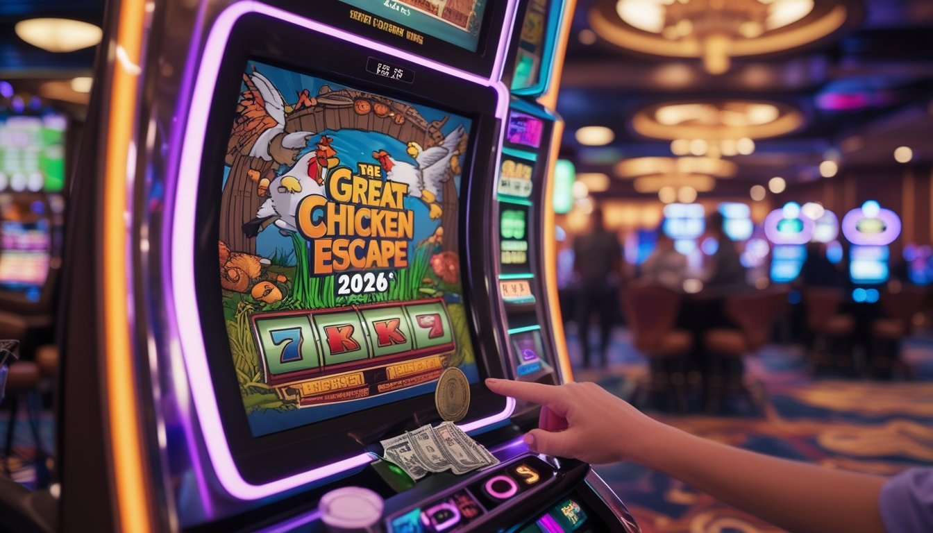 Mesin slot dengan gambar ayam melarikan diri dan koin yang keluar, di latar belakang lantai kasino yang ramai.