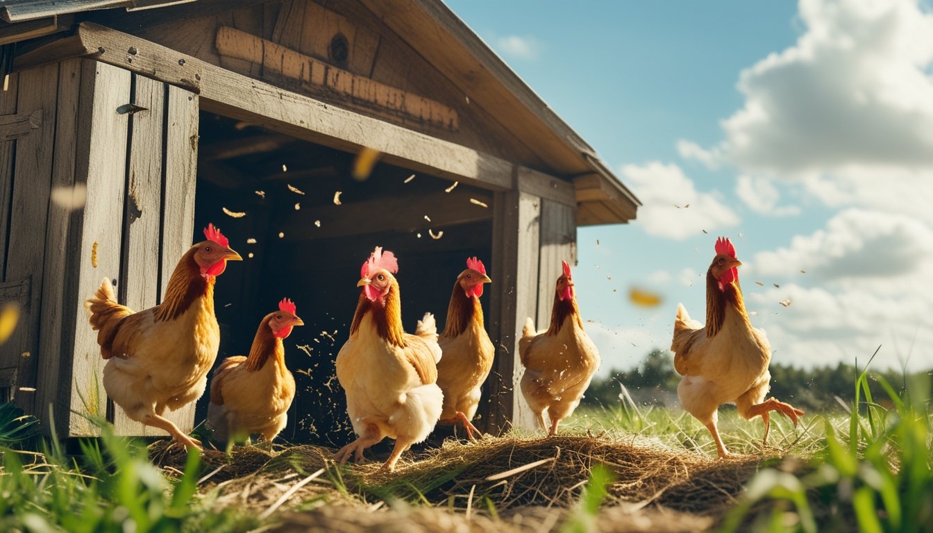 Sekelompok ayam sedang berlari keluar dari kandang ayam kayu di sebuah peternakan yang cerah dan hijau.