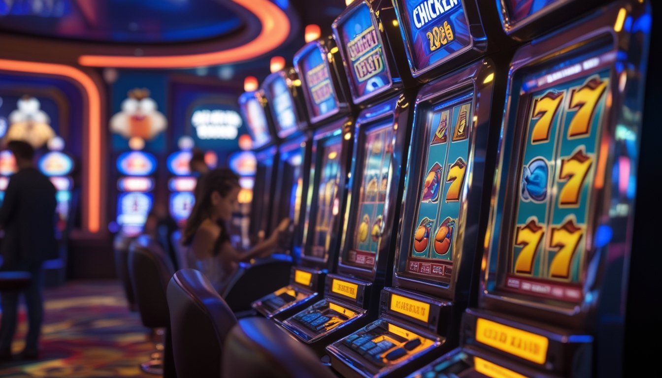 Mesin slot retro berwarna cerah dengan simbol klasik dan elemen bertema ayam di latar belakang di dalam kasino yang ramai.