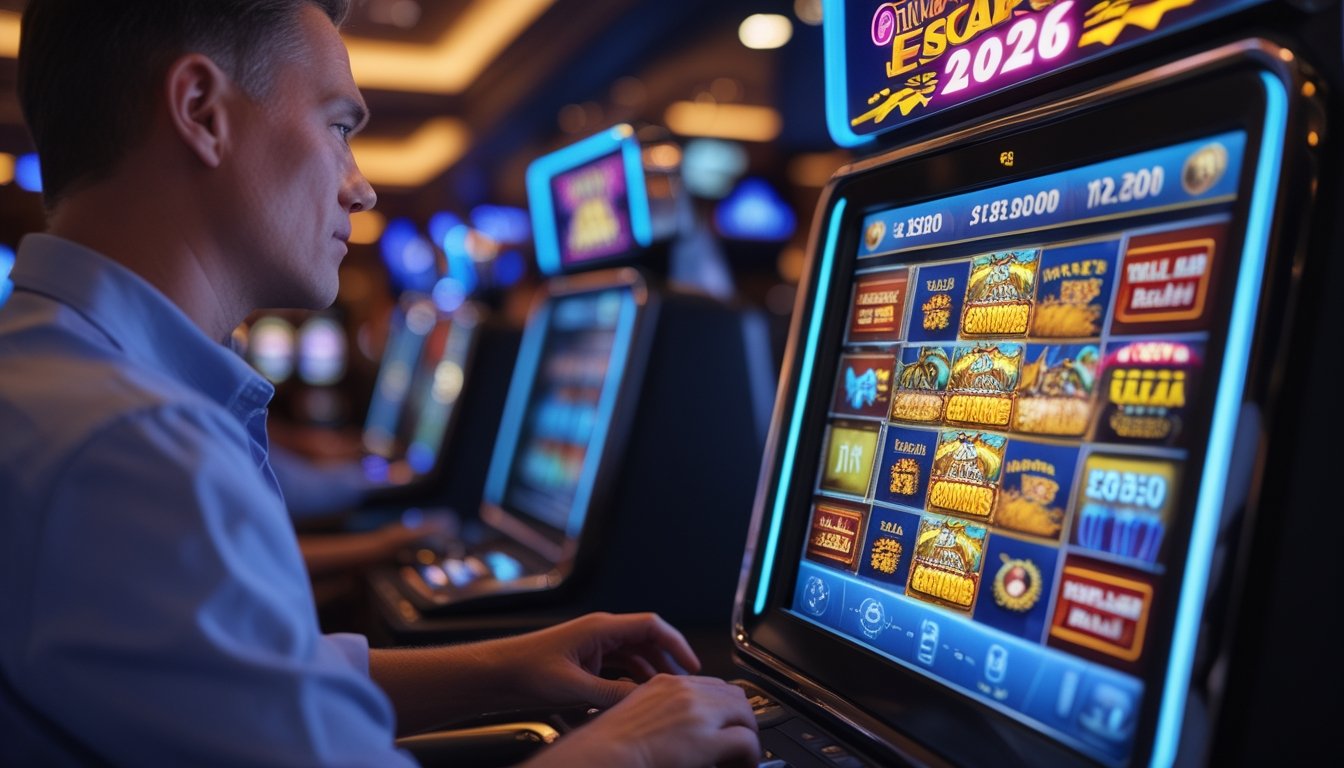 Seorang pemain dewasa sedang menggunakan mesin slot digital di kasino dengan latar belakang mesin slot lainnya dan pencahayaan hangat.