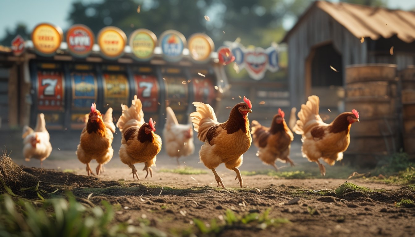 Beberapa ayam berlari dan terbang keluar dari halaman peternakan dengan latar belakang elemen mesin slot retro.
