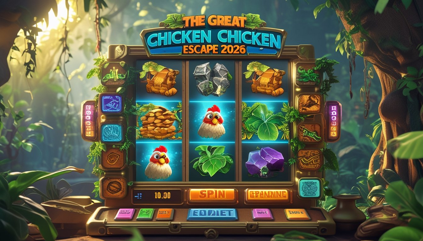 Tampilan mesin slot online dengan tema petualangan ayam melarikan diri di hutan tropis yang rimbun.