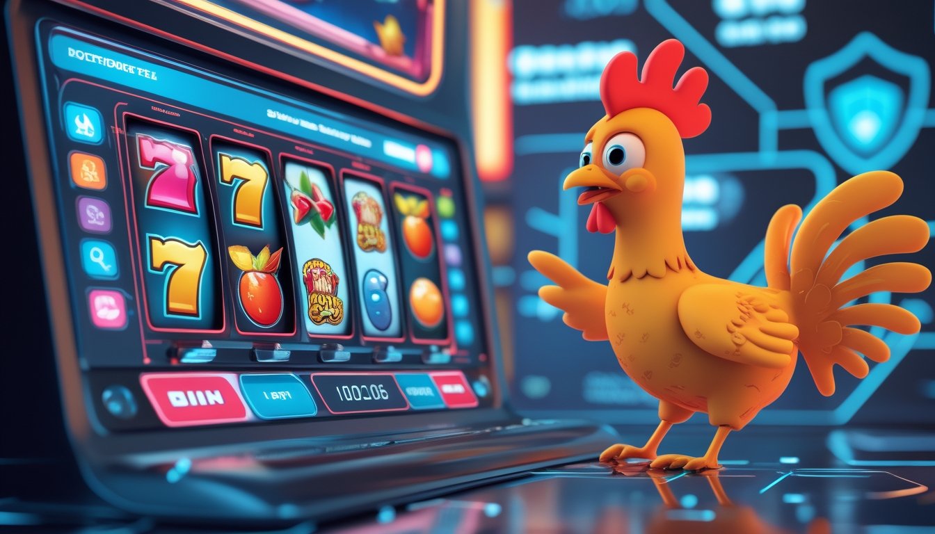 Tampilan antarmuka permainan slot online dengan karakter ayam yang sedang melarikan diri dari sangkar digital.