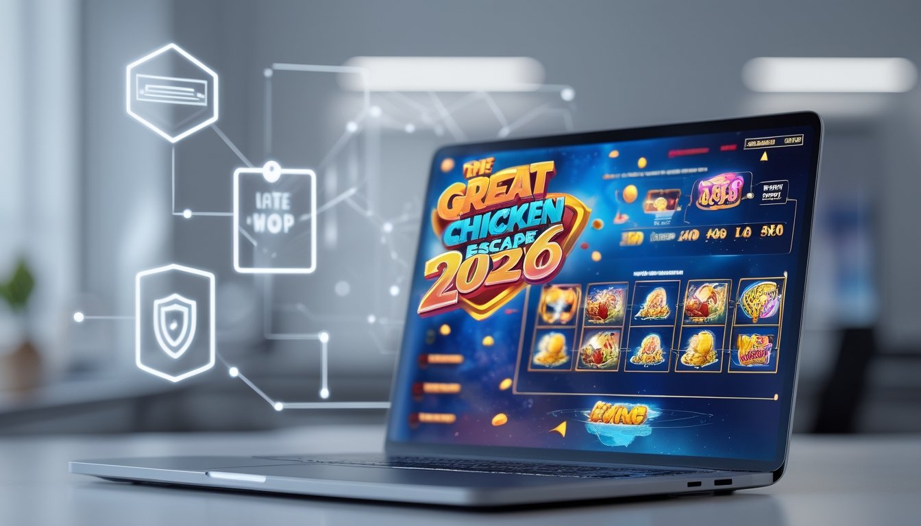 Sebuah komputer menampilkan permainan slot online dengan tema retro dan ayam dalam suasana ruang kerja modern.