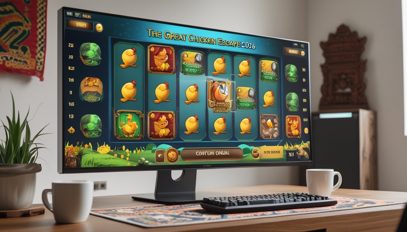 Sebuah meja komputer dengan layar menampilkan permainan slot bertema ayam dan suasana ruang gaming yang rapi dan terang.