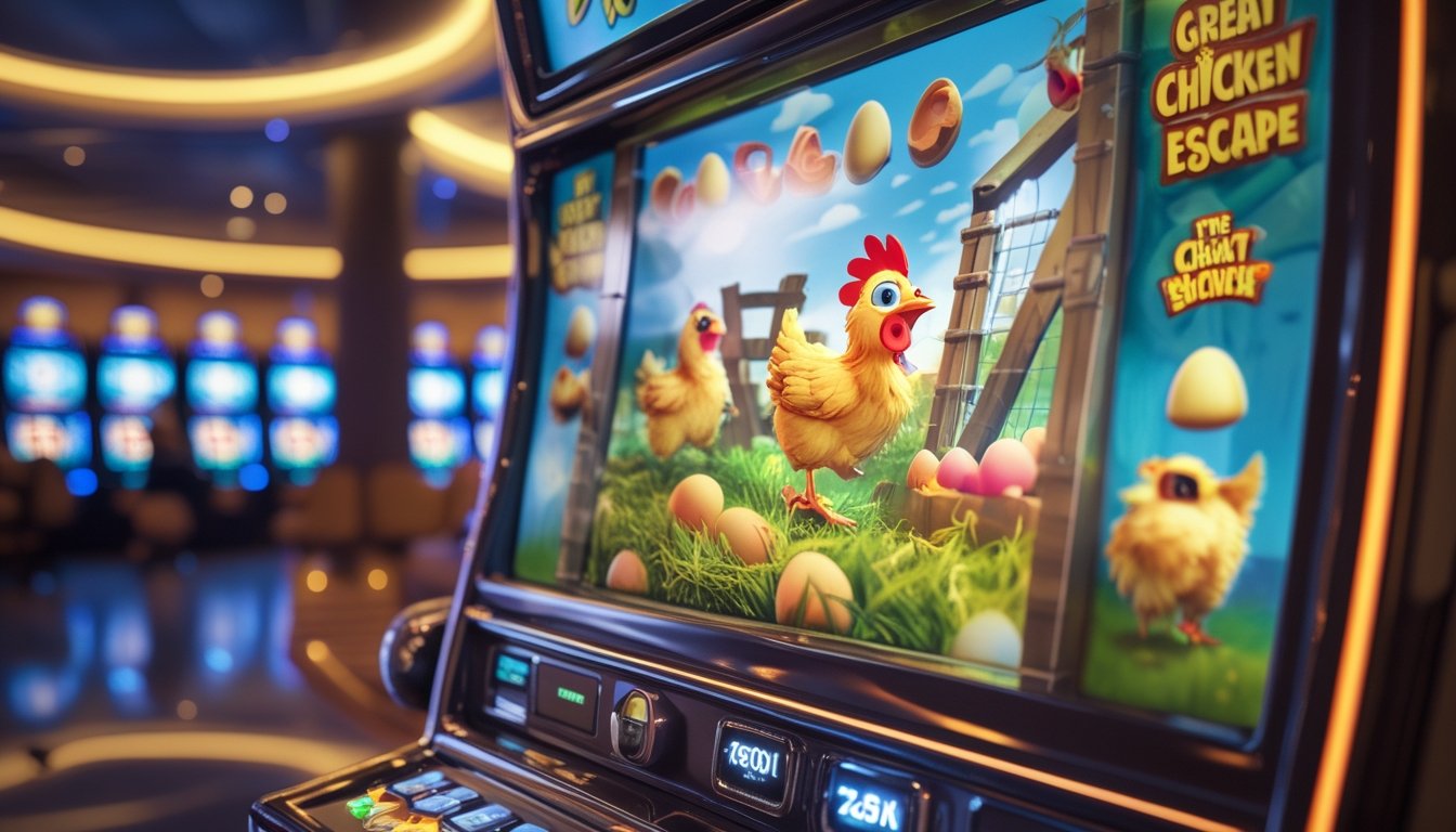 Mesin slot berwarna cerah dengan karakter ayam dan elemen peternakan di dalam kasino modern yang ramai.