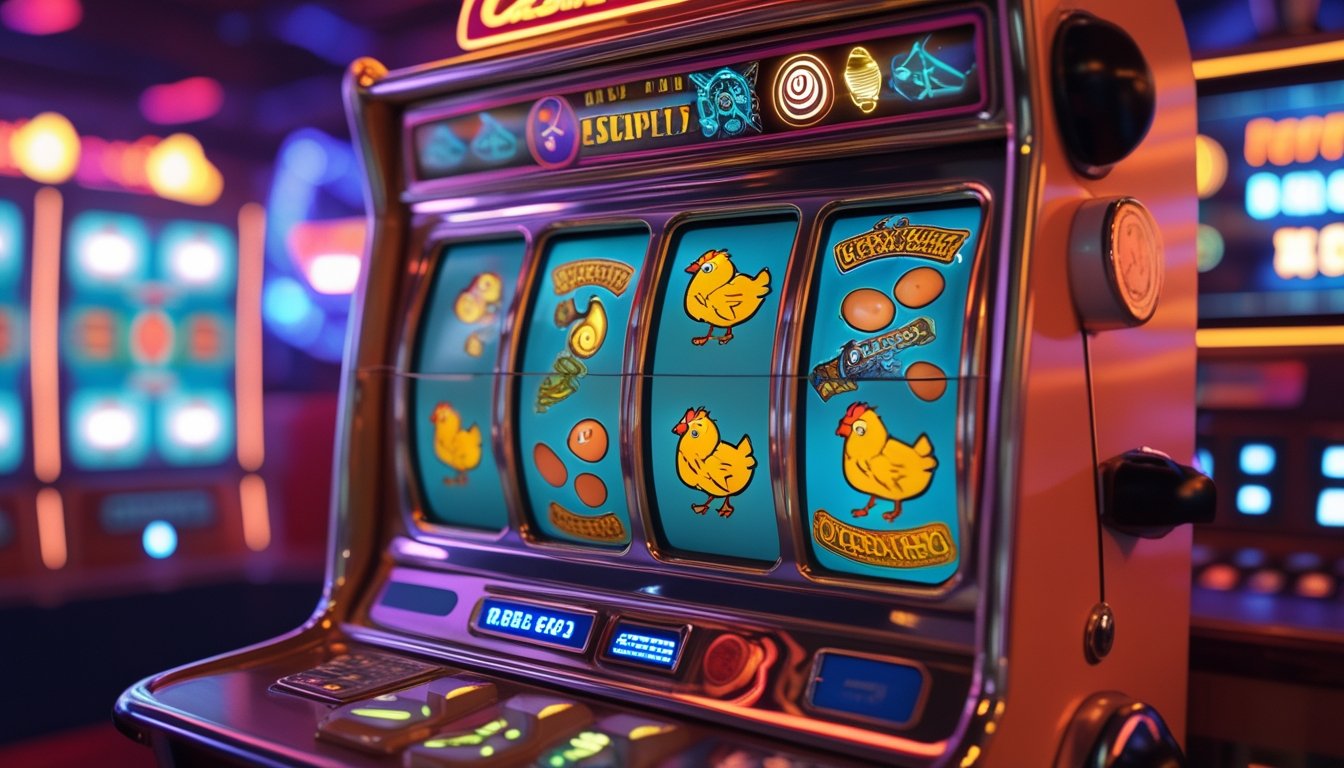 Mesin slot retro berwarna-warni dengan simbol ayam dan pintu terbuka di lingkungan kasino yang cerah dan ramai.
