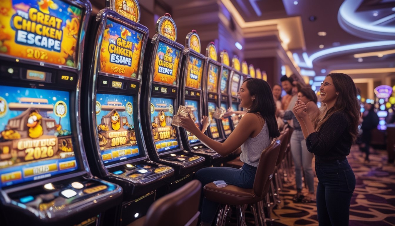 Orang-orang menikmati permainan mesin slot retro dengan tema ayam di dalam kasino yang cerah dan ramai.