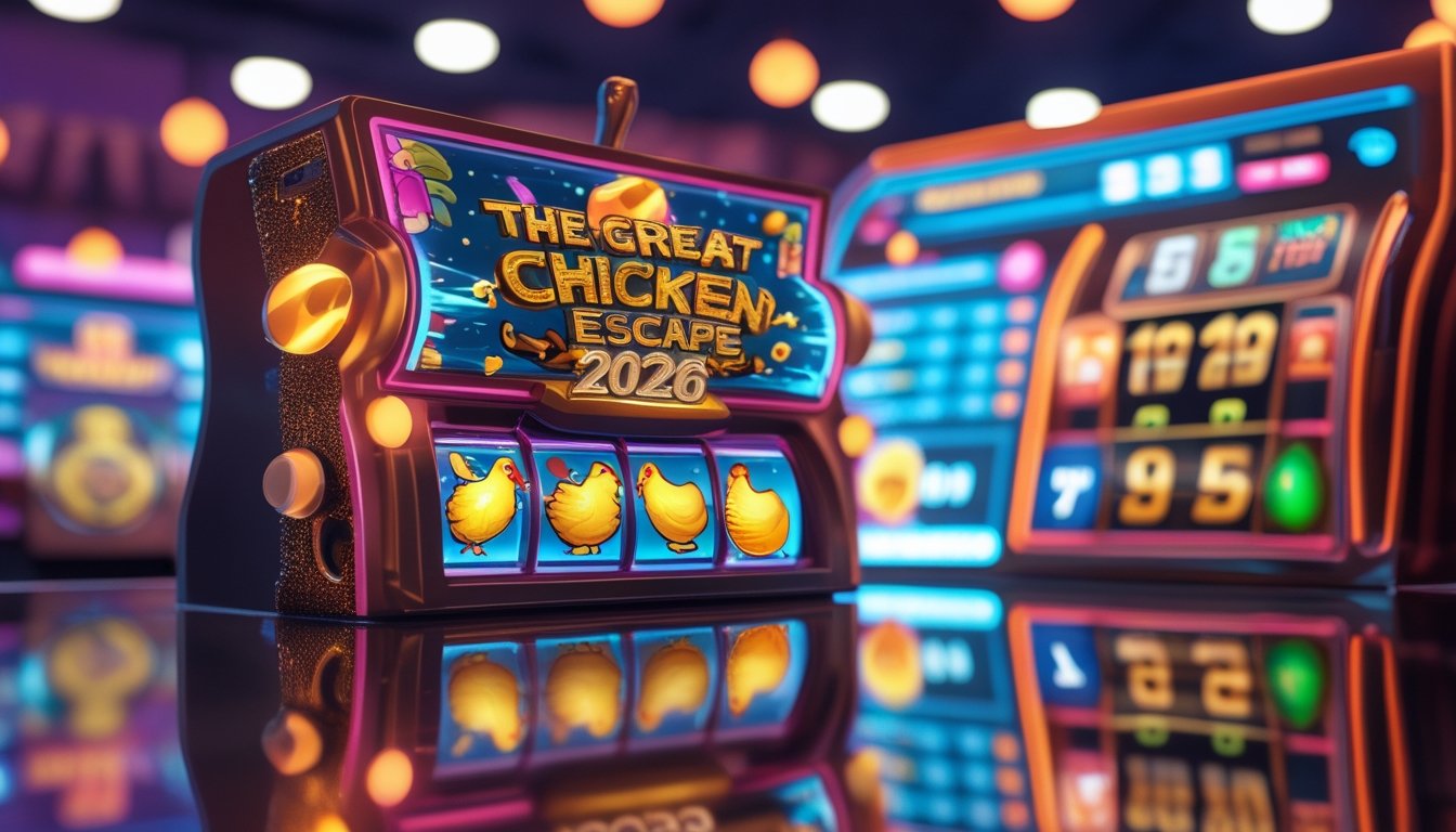 Mesin slot dengan simbol ayam dan telur emas yang berwarna-warni di layar komputer, menunjukkan suasana permainan slot online yang menyenangkan dan penuh kemenangan.