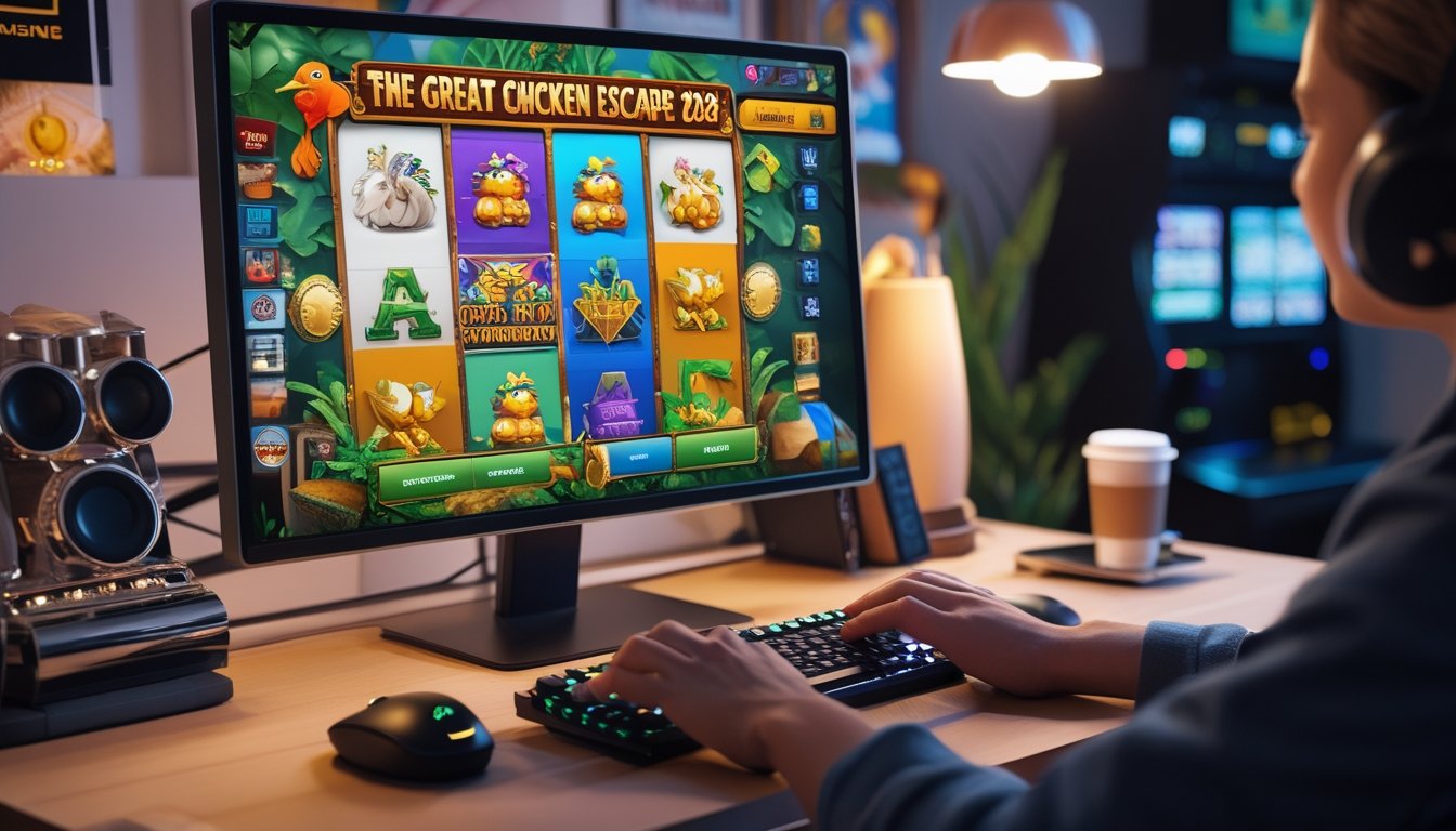 Sebuah meja komputer dengan layar menampilkan permainan slot bertema ayam, tangan seseorang sedang menggunakan mouse dan keyboard, dengan dekorasi ruangan yang berhubungan dengan permainan slot.