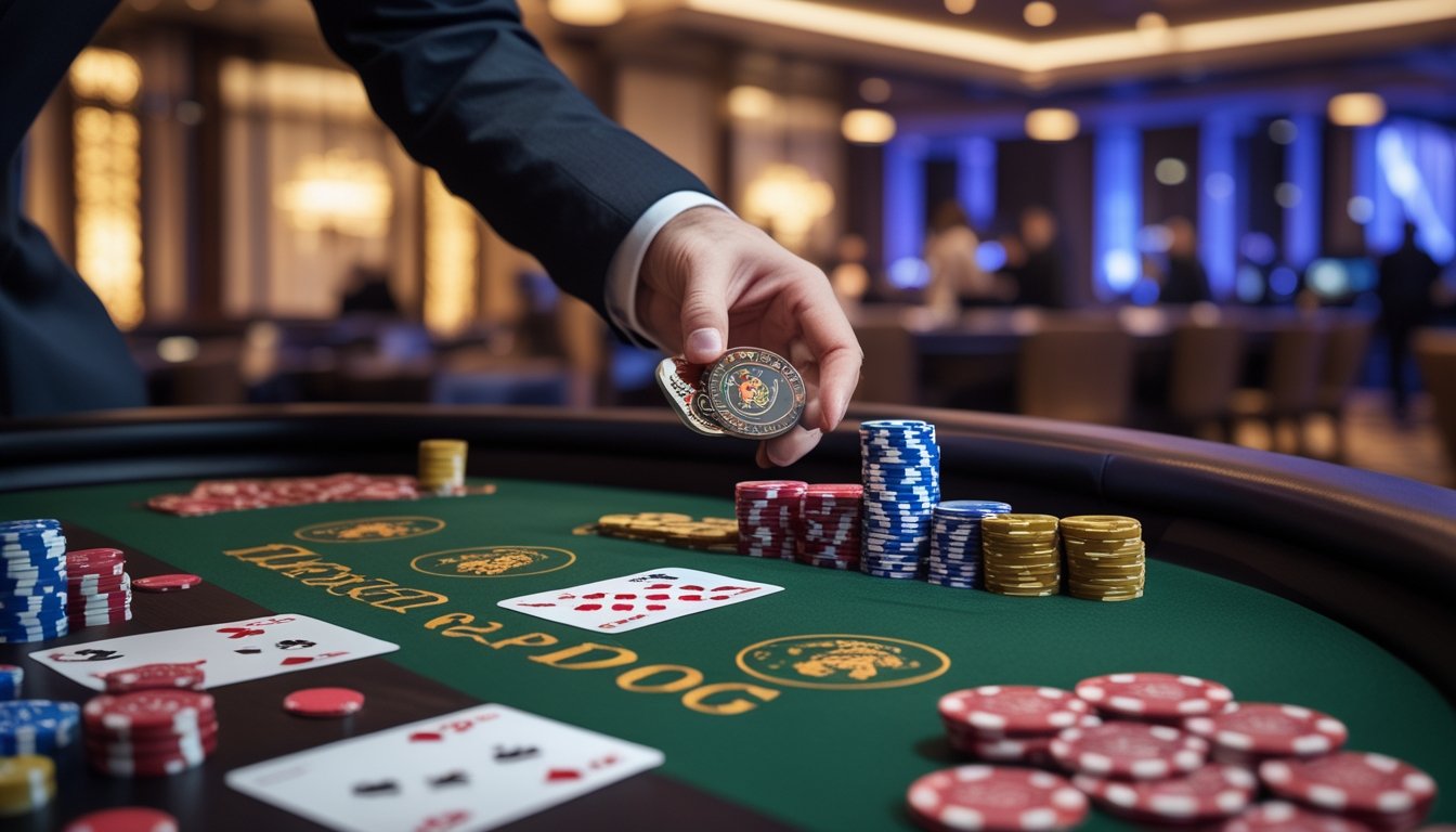 Meja permainan kasino dengan kartu dan chip untuk permainan Dragon Tiger dan Red Dog, dengan dealer yang sedang membagikan kartu.
