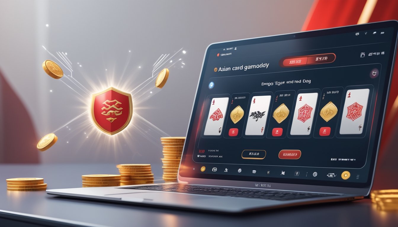 Seorang pengguna sedang menggunakan perangkat digital dengan tampilan permainan kartu Dragon Tiger dan Red Dog, di lingkungan yang modern dan profesional.